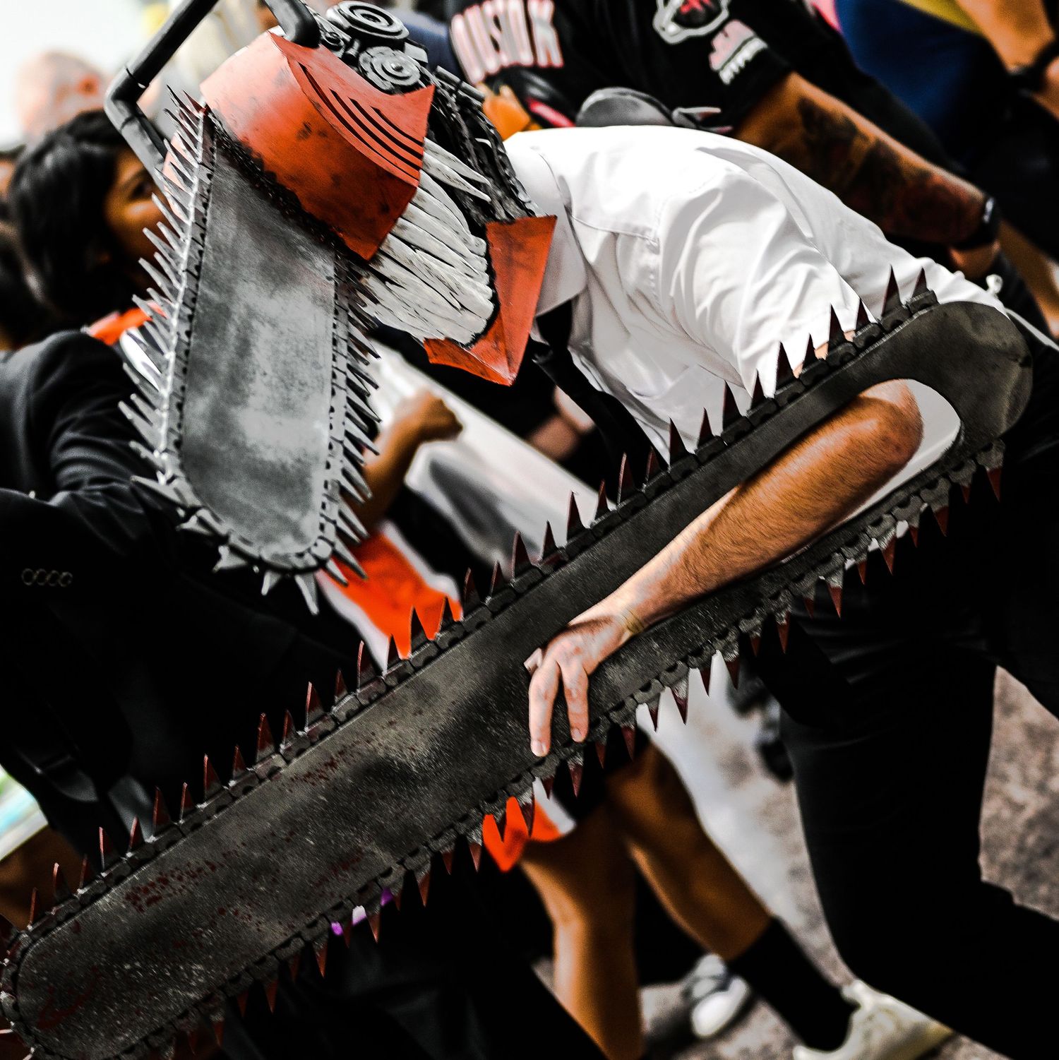 Close-up of detailed shark-themed costume prop with jagged edges.