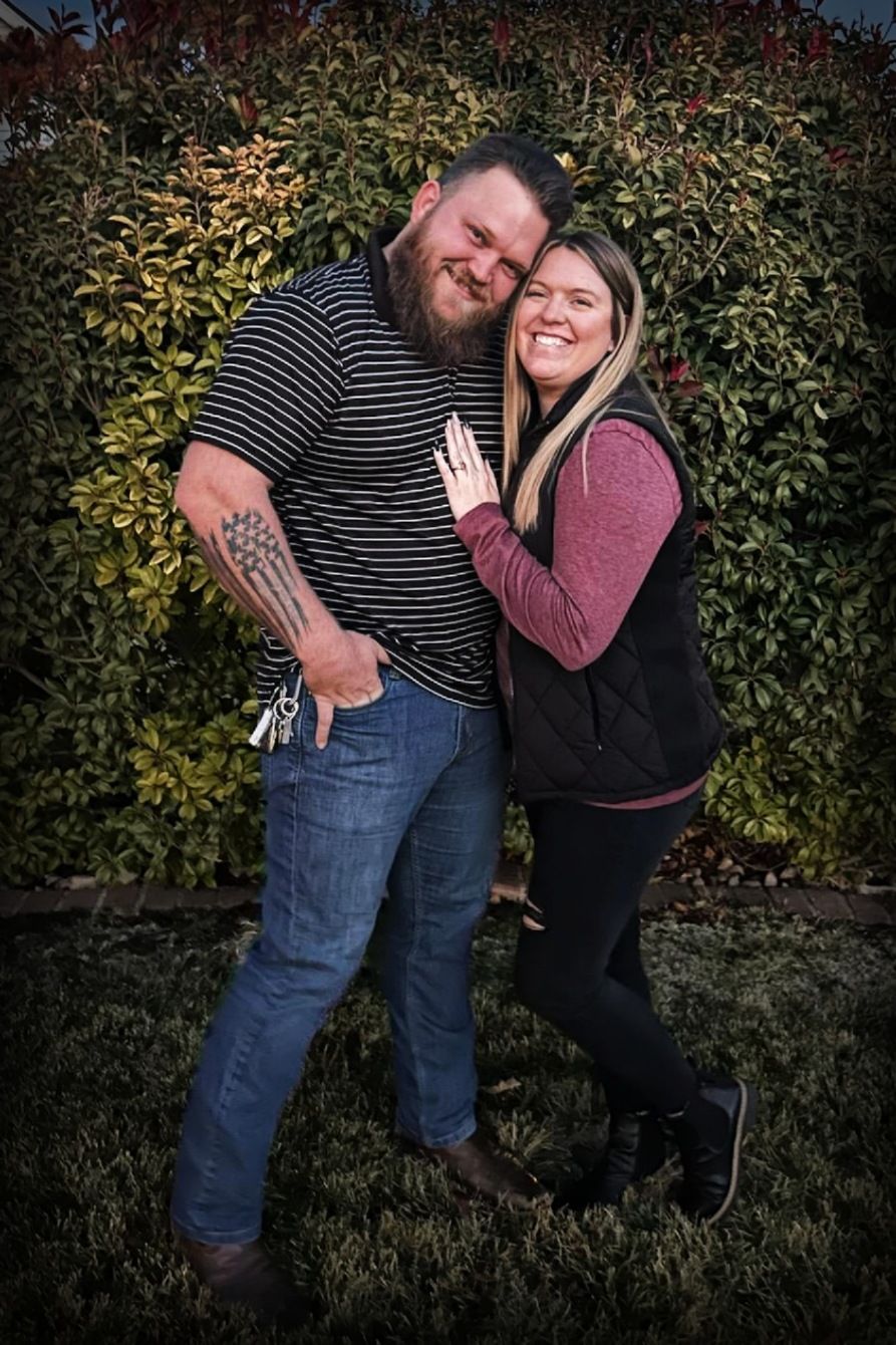 Playful engagement photo sequence showing couple laughing against garden backdrop.