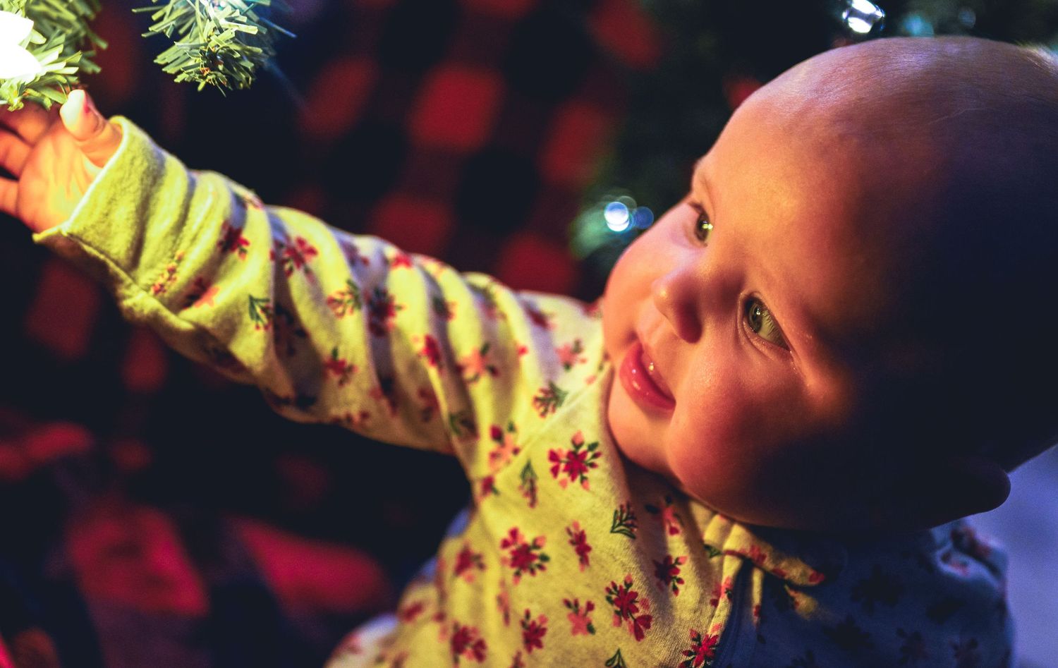 Baby in yellow floral outfit gazing upward at Christmas lights with wonder.