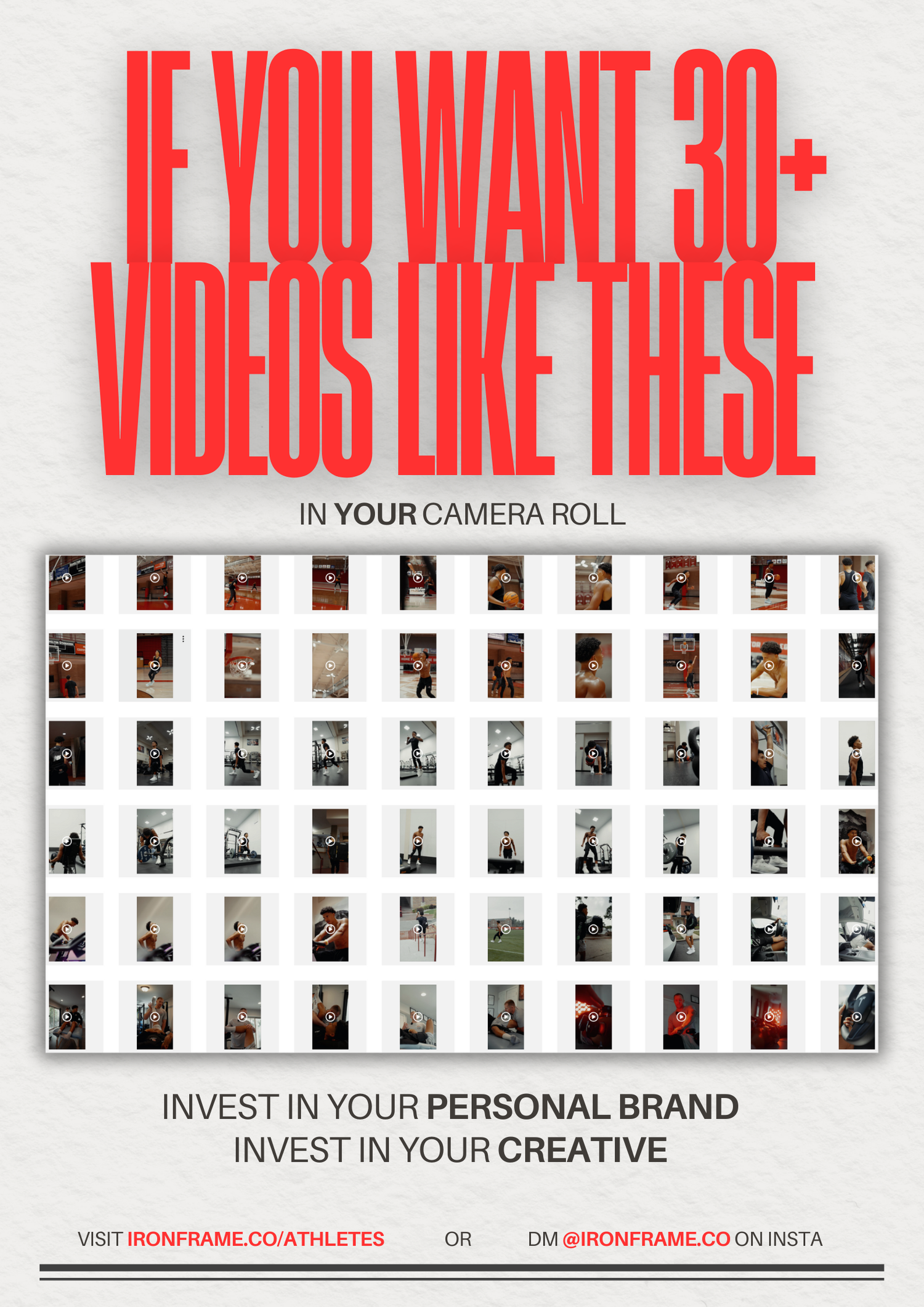 Five filmstrip-style banners with red text advertising video services and personal branding investment opportunities.