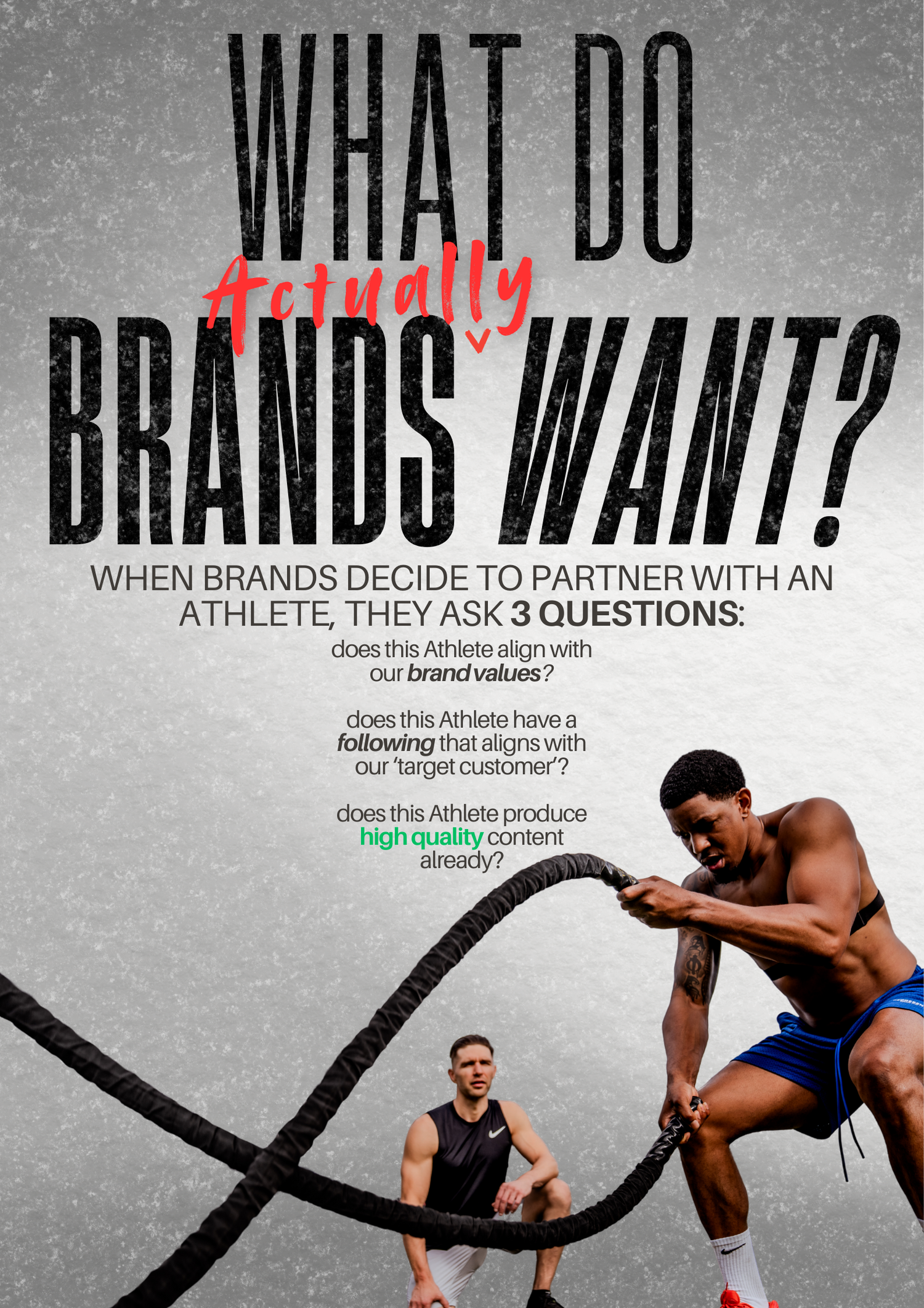 Motivational fitness poster showing athletes with battle ropes against a gray background with text about brand partnerships.