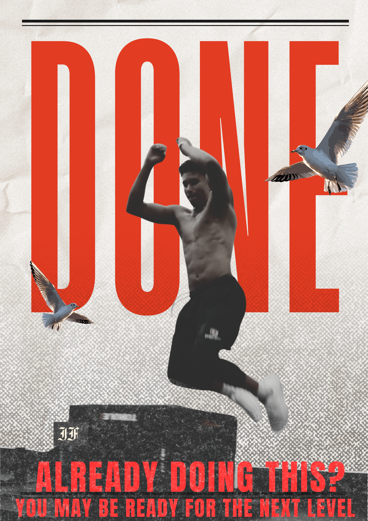 A series of black and white images showing someone jumping or diving against a red background with text overlay.