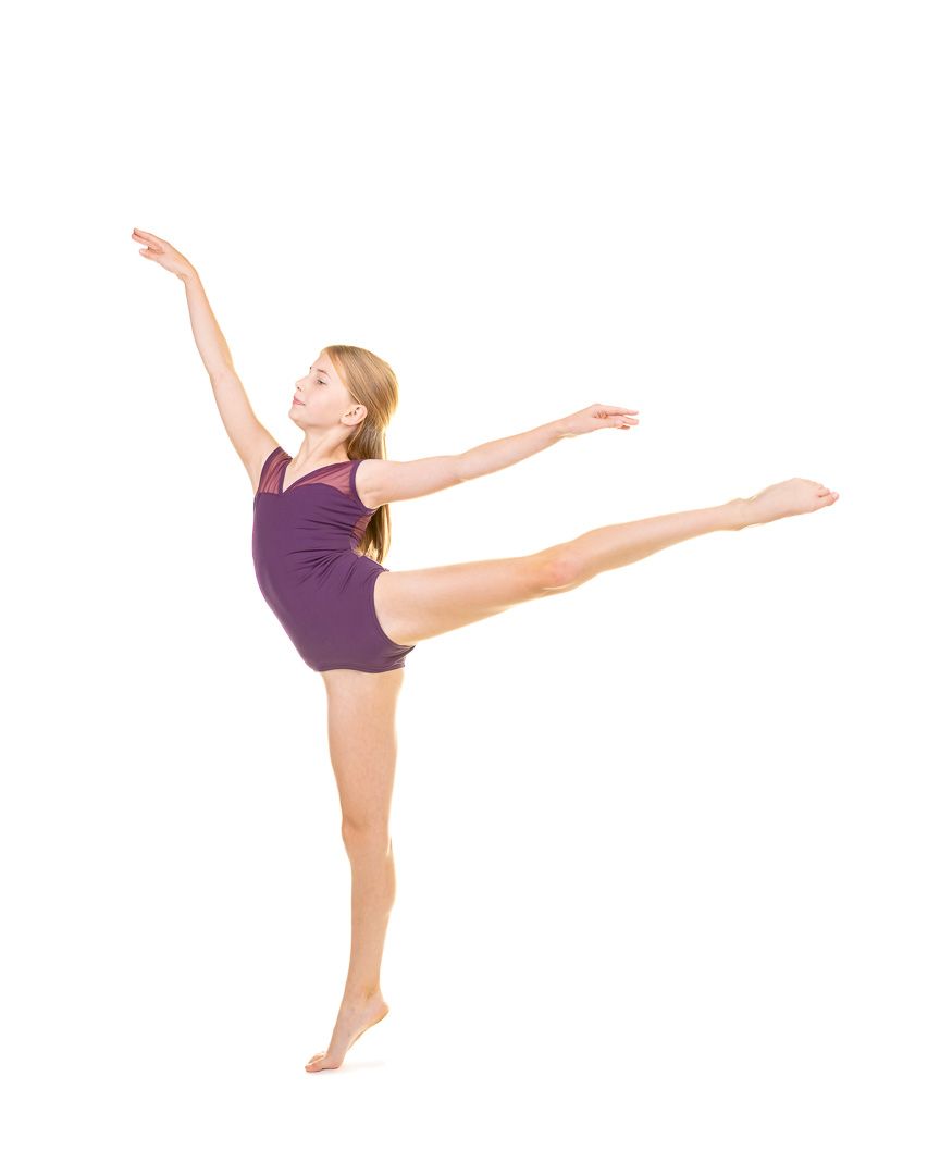 Series of dynamic dance leaps and extensions in purple dance attire against white background.