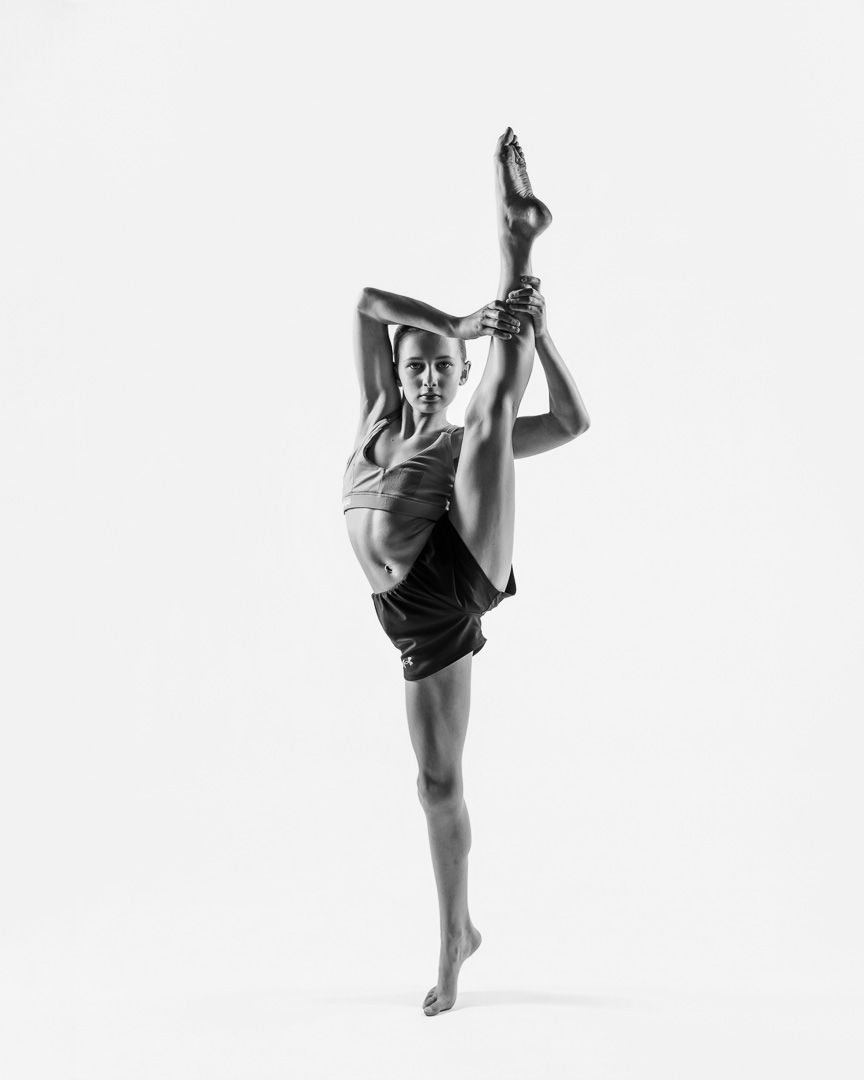 A sequence of four dynamic dance poses showing graceful movements and flexibility against a white background.