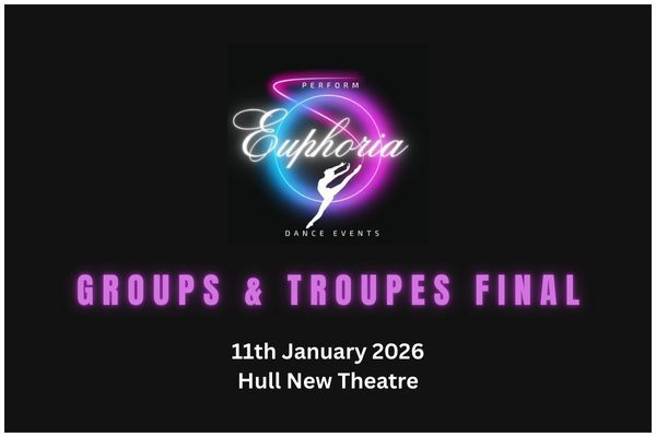 Purple and blue neon-style text graphics for Euphoria show at Hull New Theatre display event details and branding.