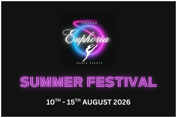 Euphoria Dance Events Summer Festival promotional banner for August 10th-15th 2026 on black background.