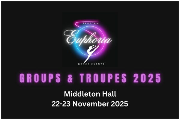 Event poster for Groups & Troupes 2025 at Middleton Hall with purple gradient design.