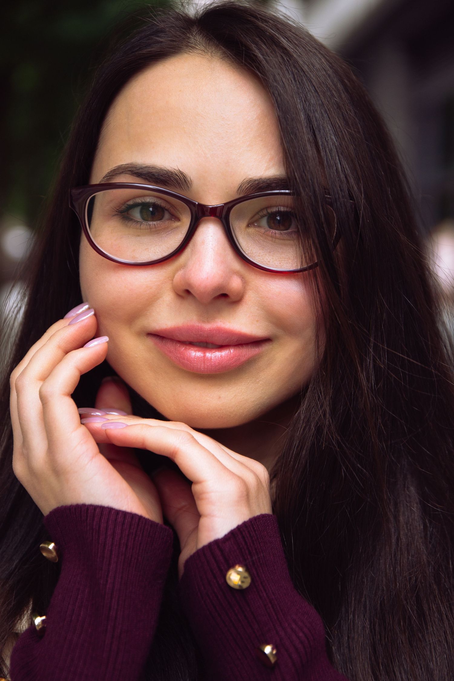 Close-up portrait series showing playful expressions and burgundy sweater.