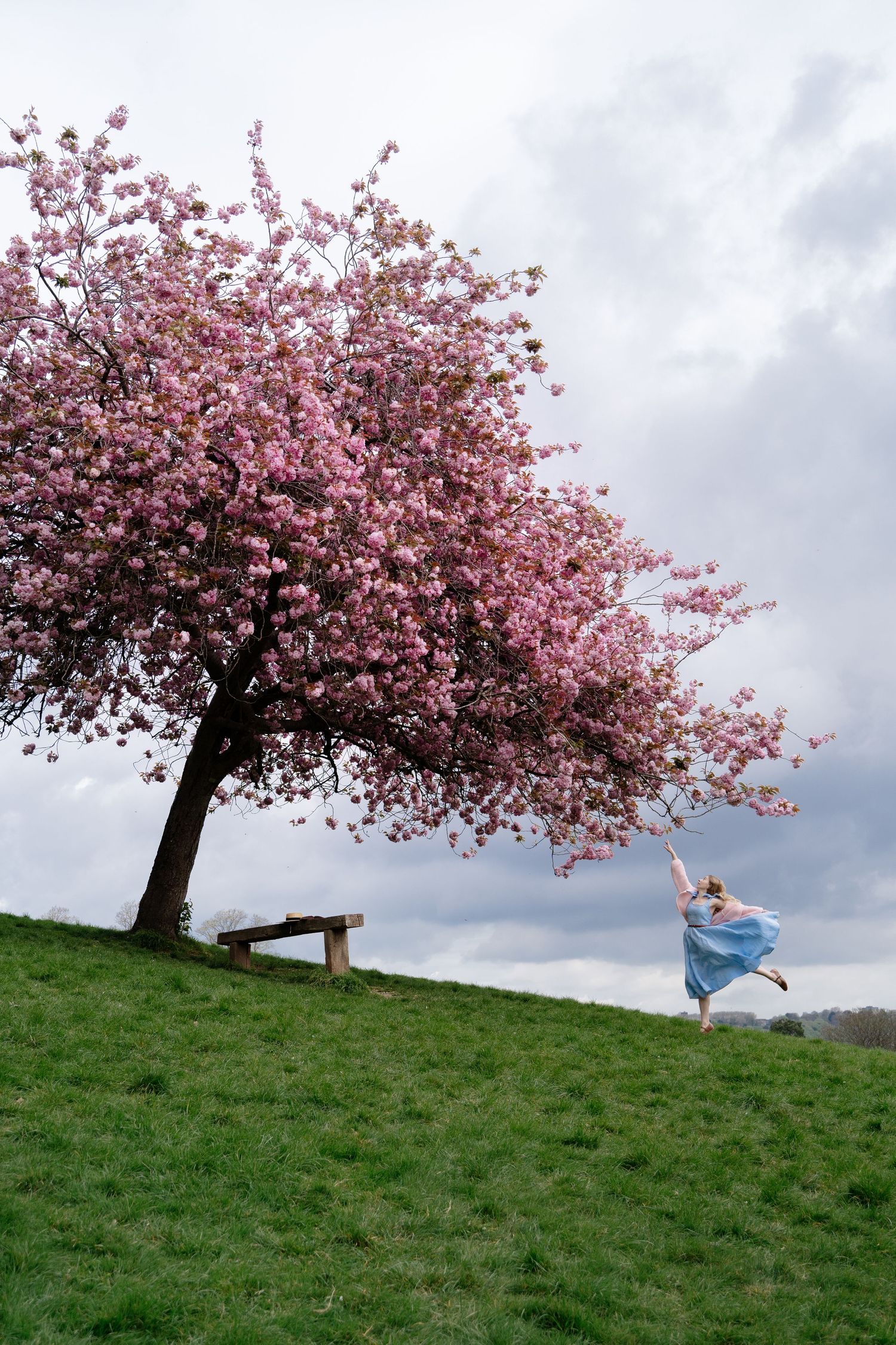 A dancer in a blue dress leaps gracefully beneath a blooming cherry blossom tree on a grassy hillside.