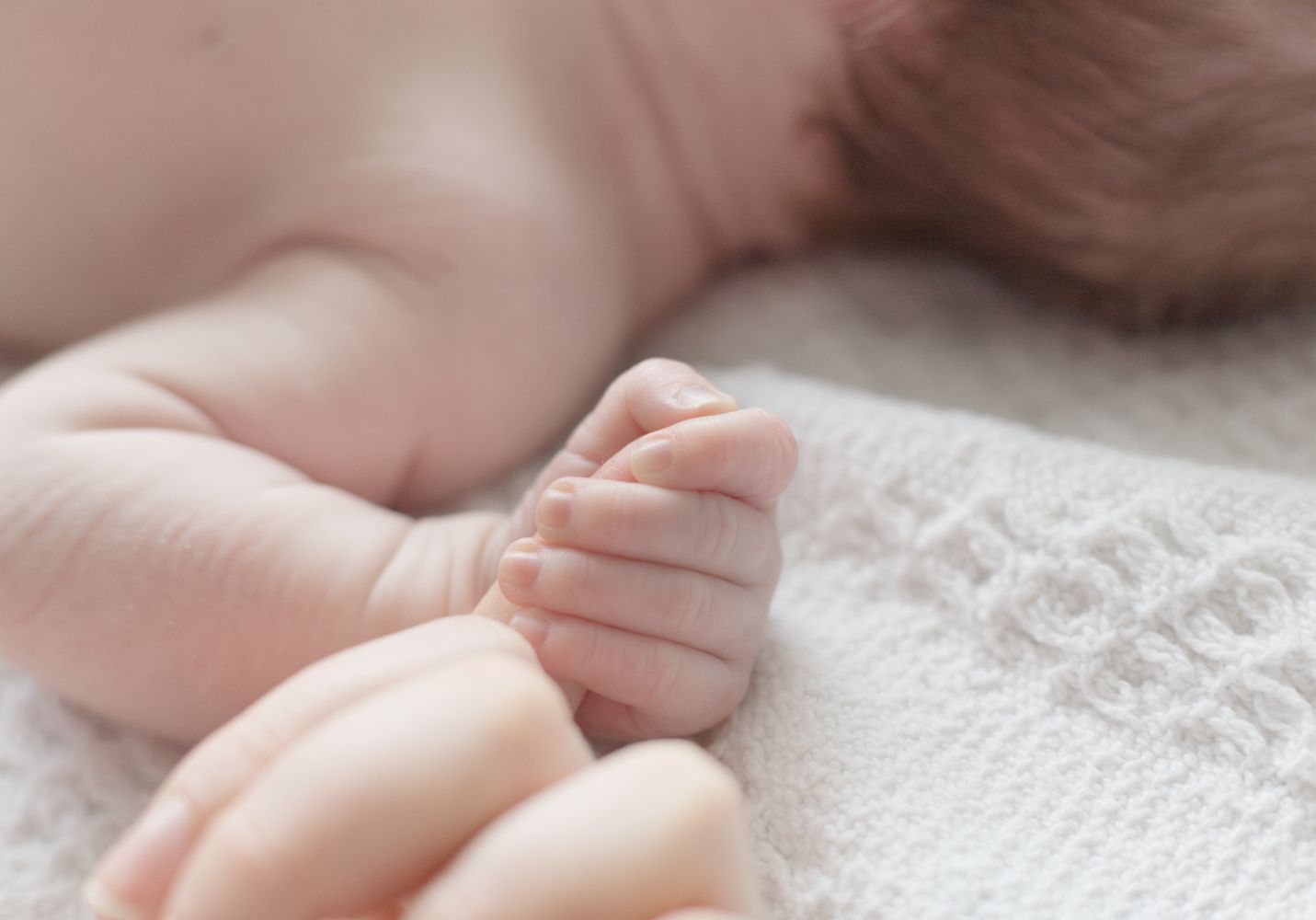 newborn family close-up of a tiny baby's hand grasping their parent's finger against soft white knitted fabric.