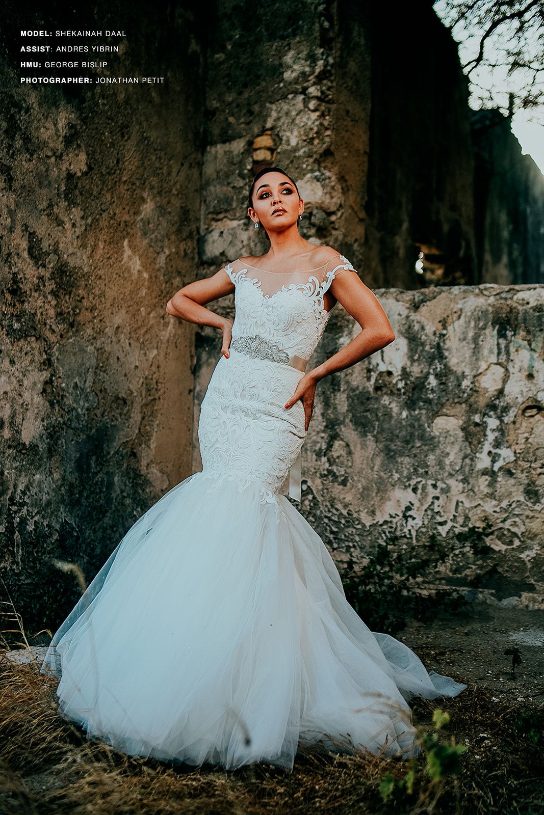 Ethereal bridal portrait showcasing flowing white ball gown against weathered stone wall.