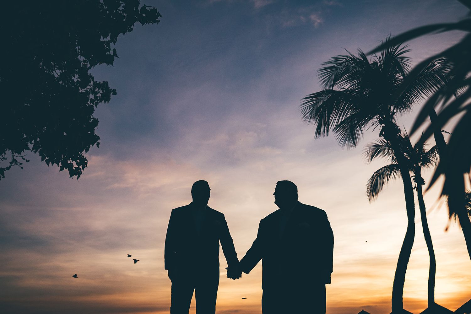 Silhouettes against dramatic sunset with palm trees on tropical beach.