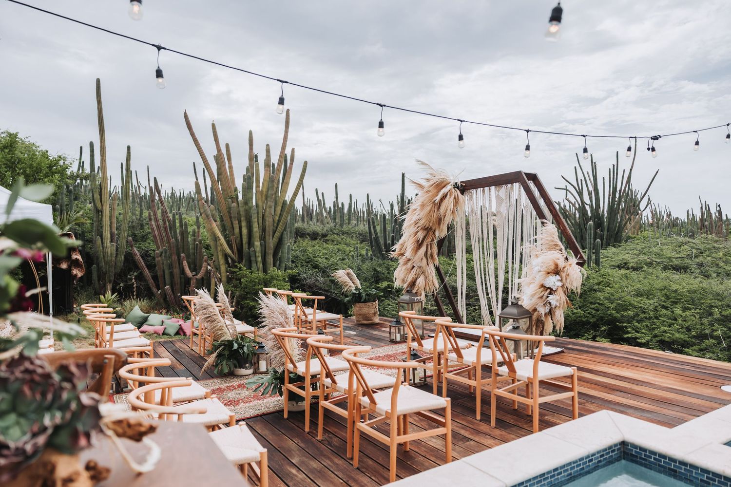 Rustic outdoor wedding reception setup with wooden chairs and arch surrounded by tall desert cacti and string lights.
