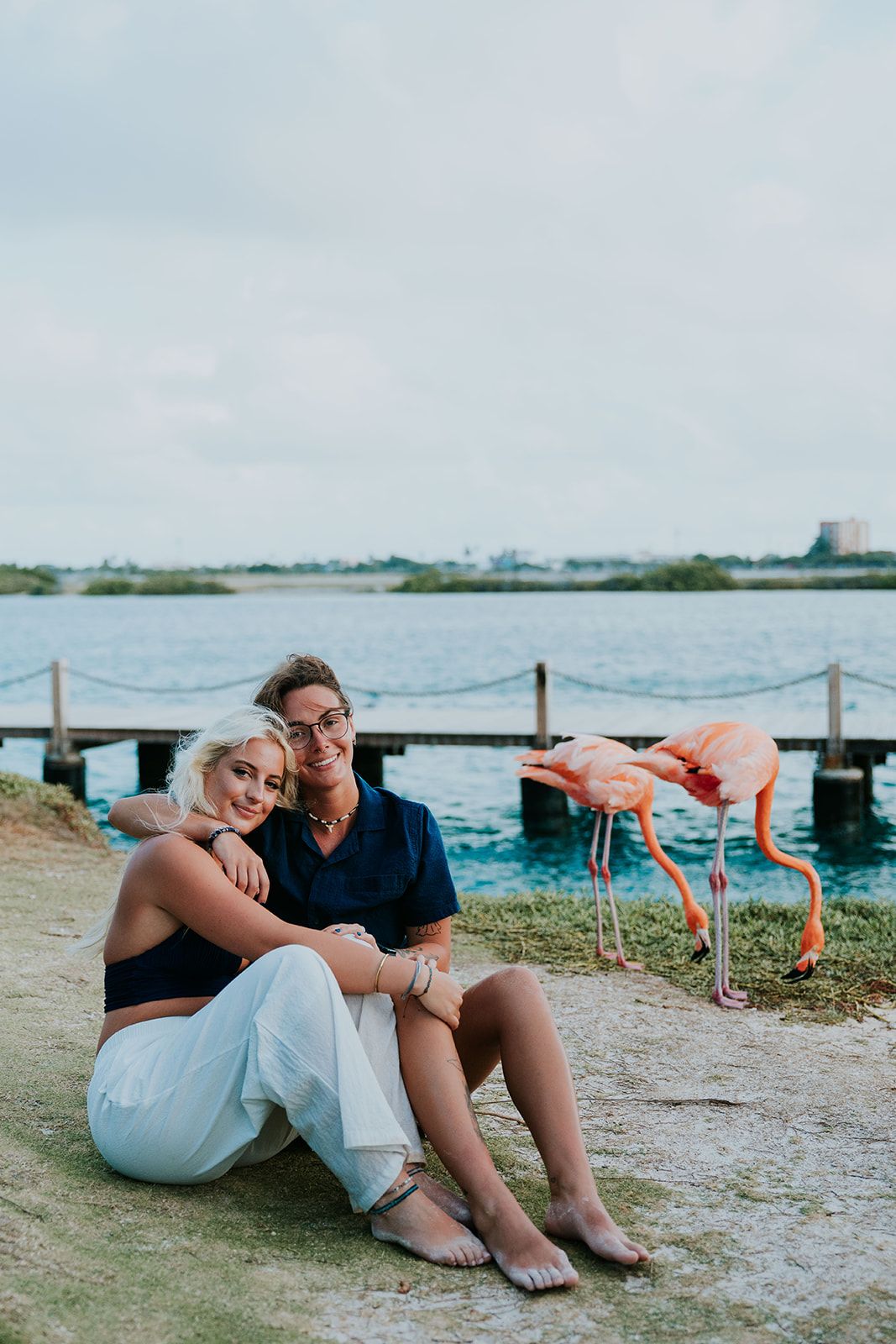 A couple sits together on a beach shore with pink flamingos visible in the background near the water's edge.