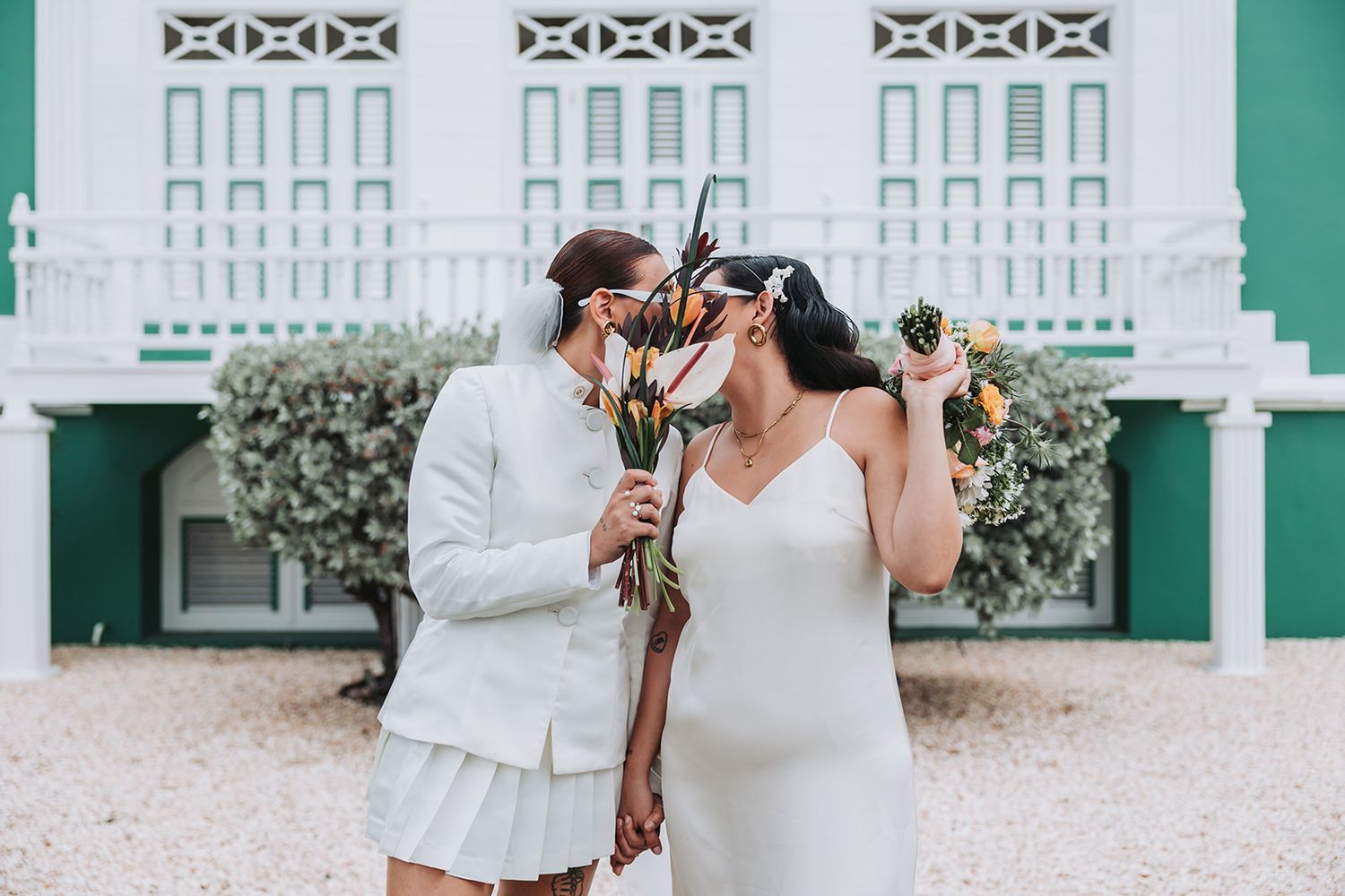 Romantic wedding portrait on Aruba beach during golden hour