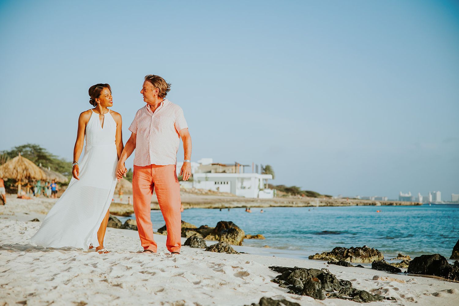 Romantic Aruba beach couple portrait during golden hour