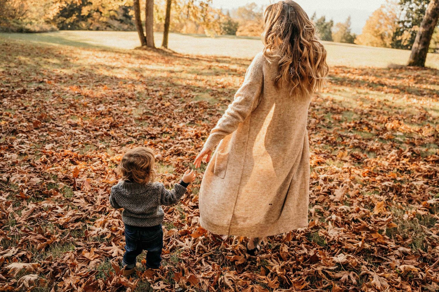 A series of autumn photos showing people walking and playing in fallen leaves during golden hour lighting.