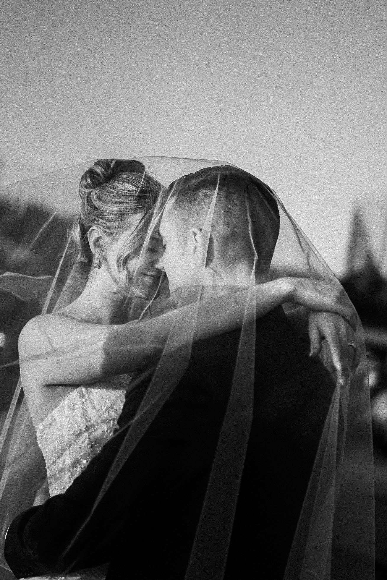Romantic black and white portrait through flowing wedding veil.
