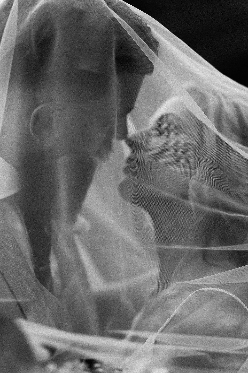 Abstract black and white composition with flowing bridal veil texture.