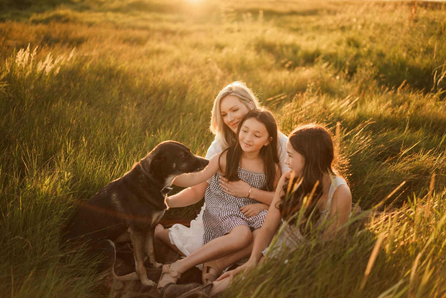 Family and dog relaxing together in sun-kissed meadow.