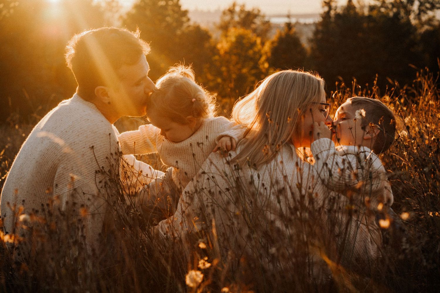 Two people share a tender moment in a sunlit field of tall grass during golden hour.