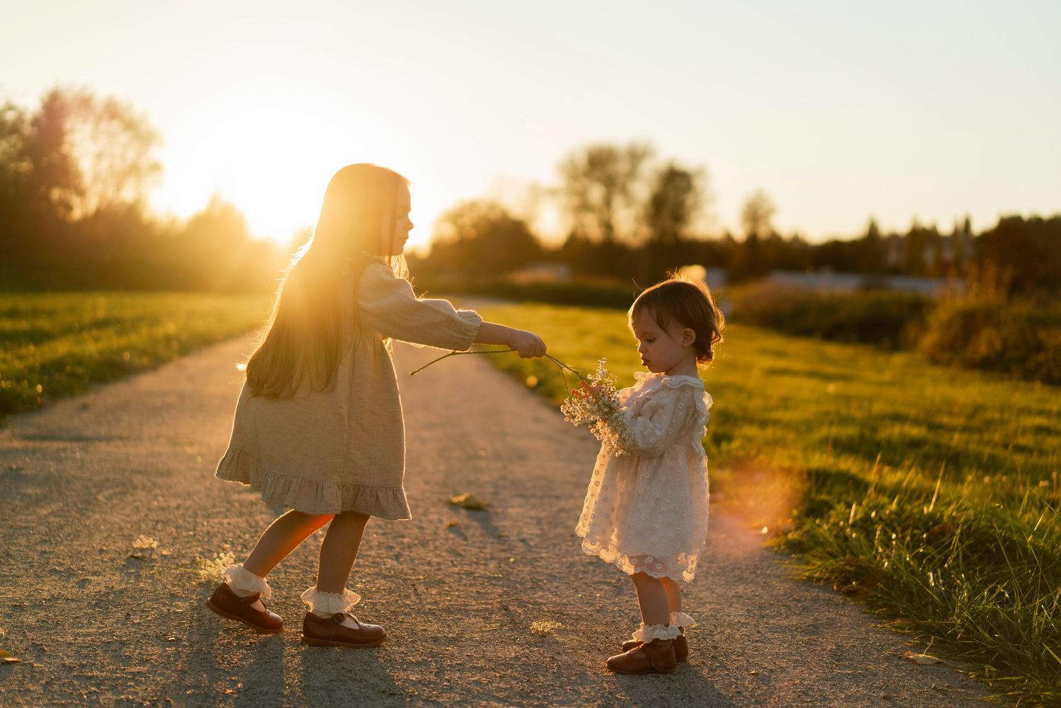 Children's silhouettes walking along path during golden hour.