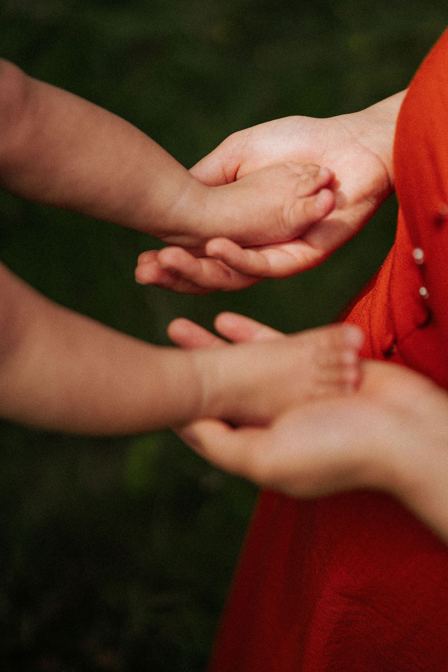 Gentle moment of hands touching against a vibrant red dress background.