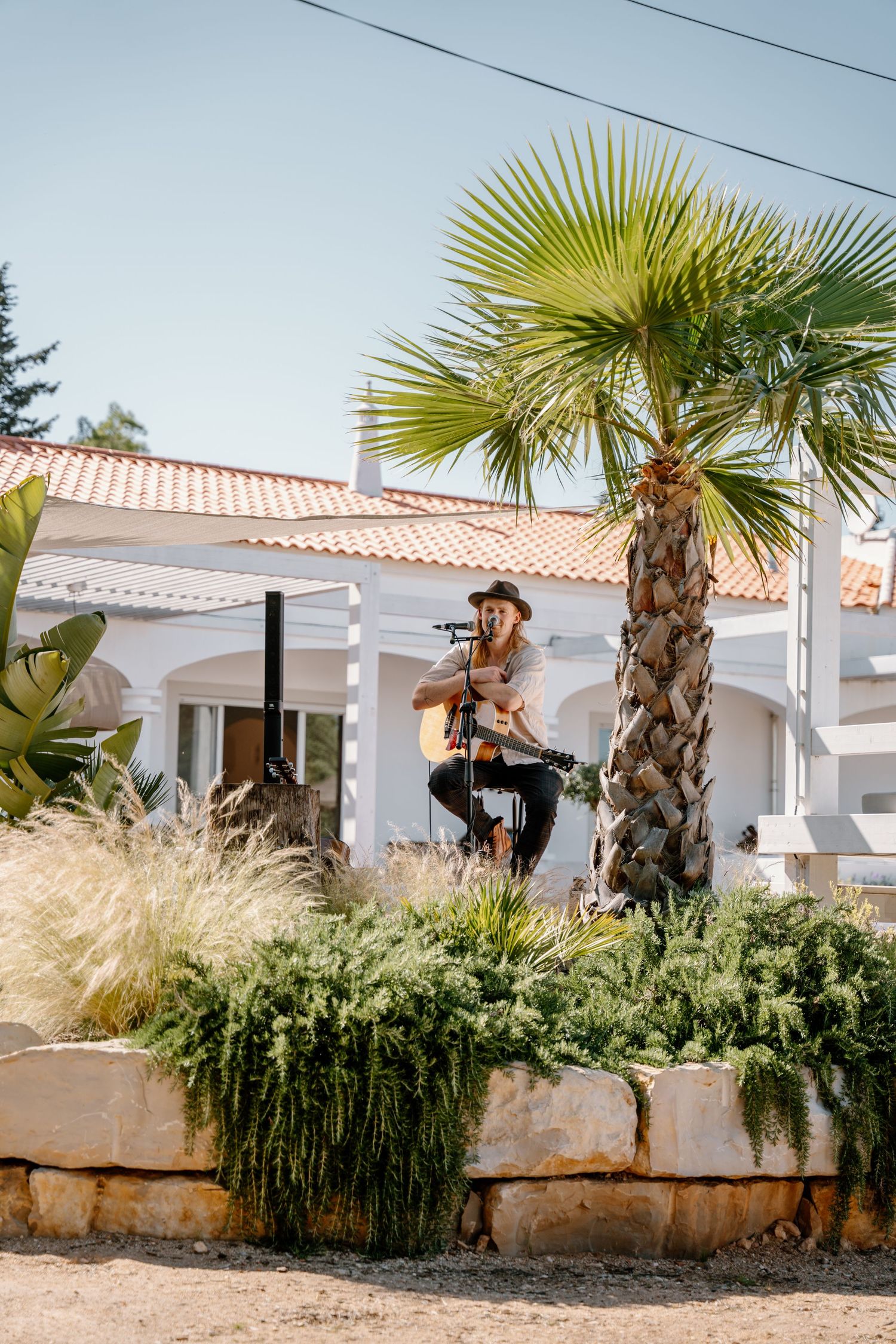 Musician plays guitar near palm tree at outdoor wedding venue in sunshine.