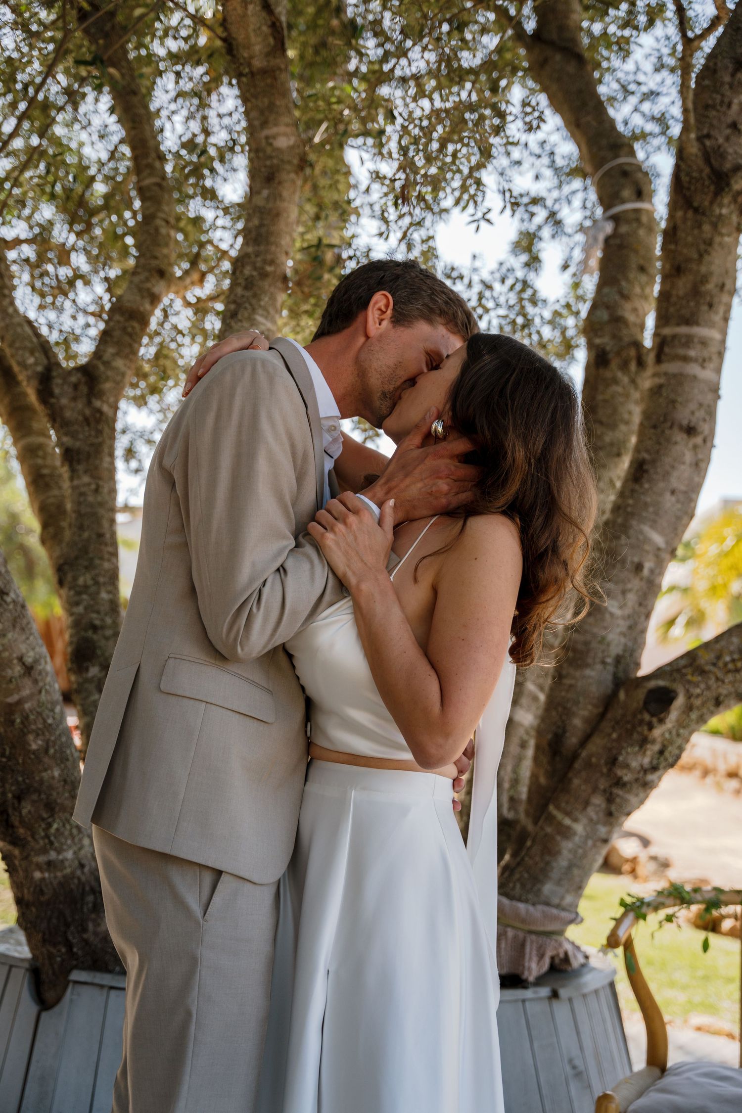 Groom tenderly kisses his bride beneath olive trees during their romantic outdoor wedding ceremony.