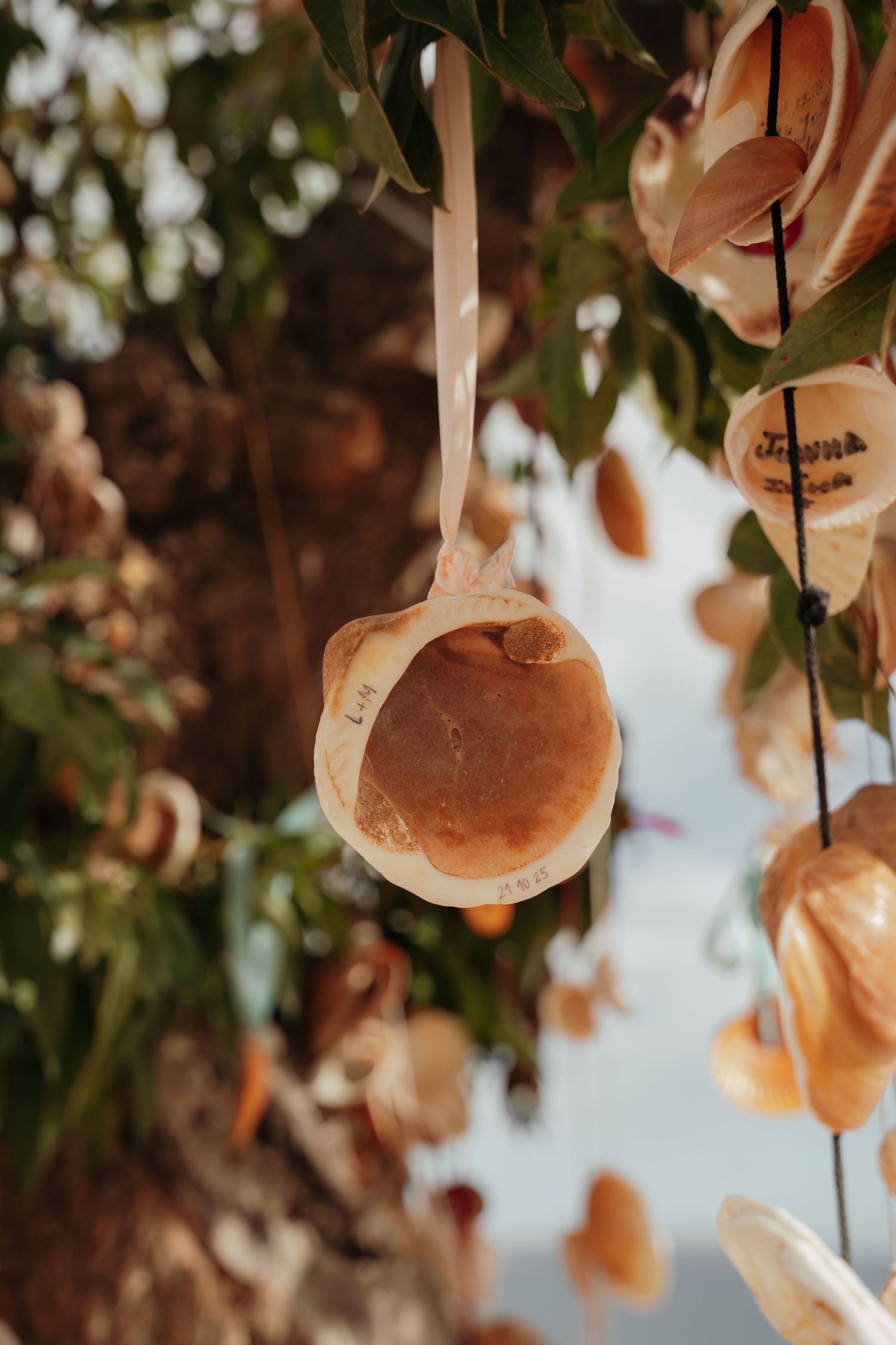 Dried physalis and wooden name tags hanging from a tree as rustic wedding decorations.