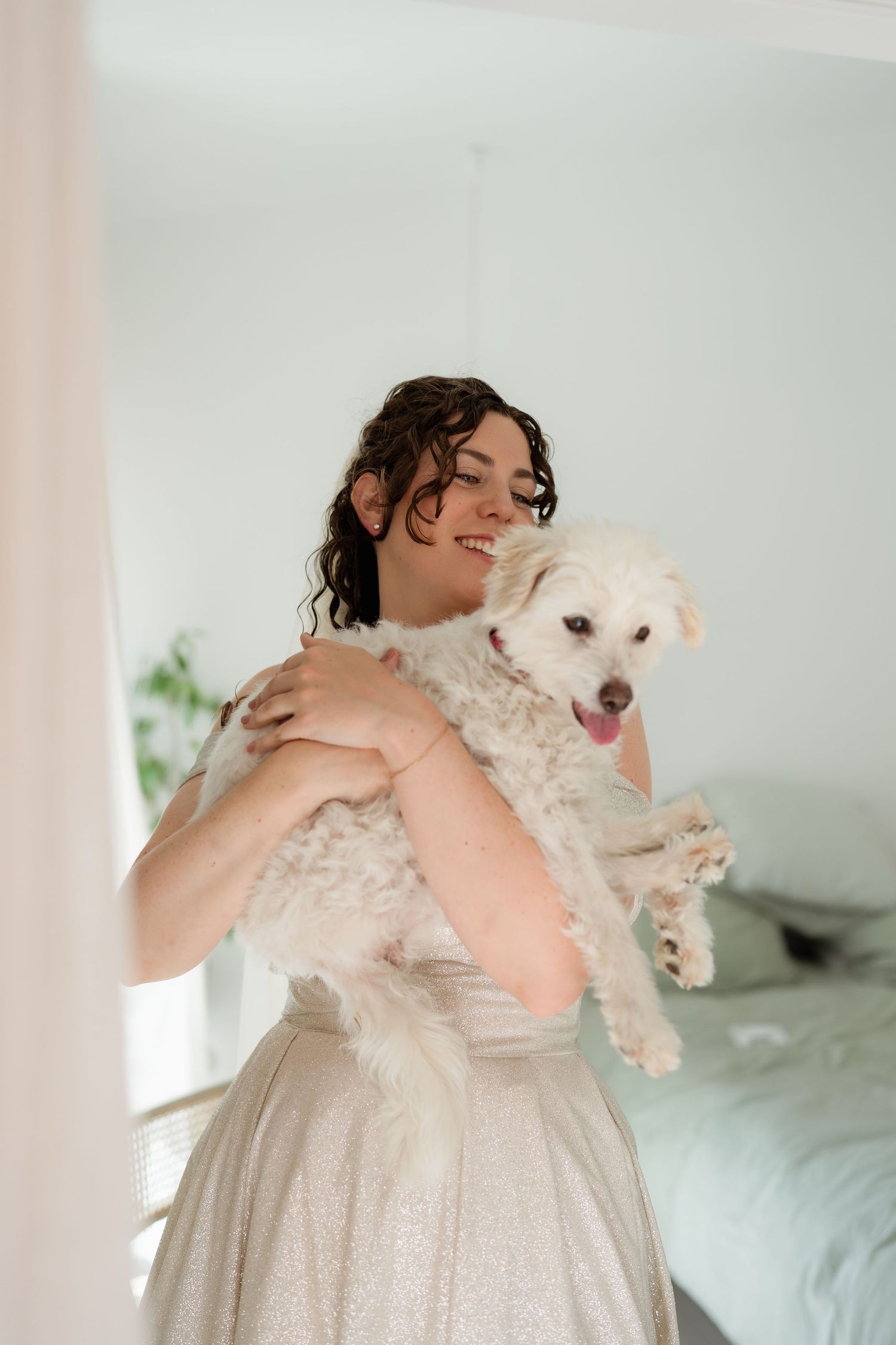 Smiling bride in a silver dress holds a fluffy white Bichon Frise dog in a bright bedroom.