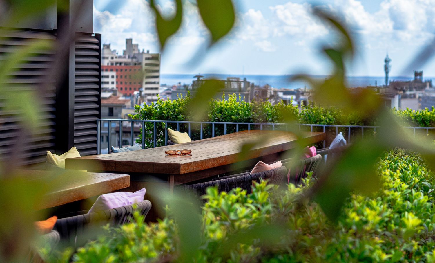 Lush rooftop terrace with wooden table, colorful cushions, and city skyline views through green foliage.
