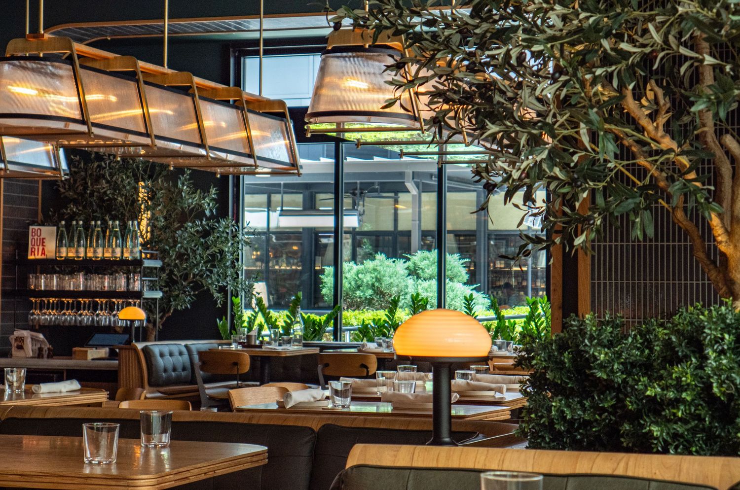 Elegant restaurant interior with wooden tables, lush greenery, and warm pendant lighting creating a sophisticated dining ambiance.