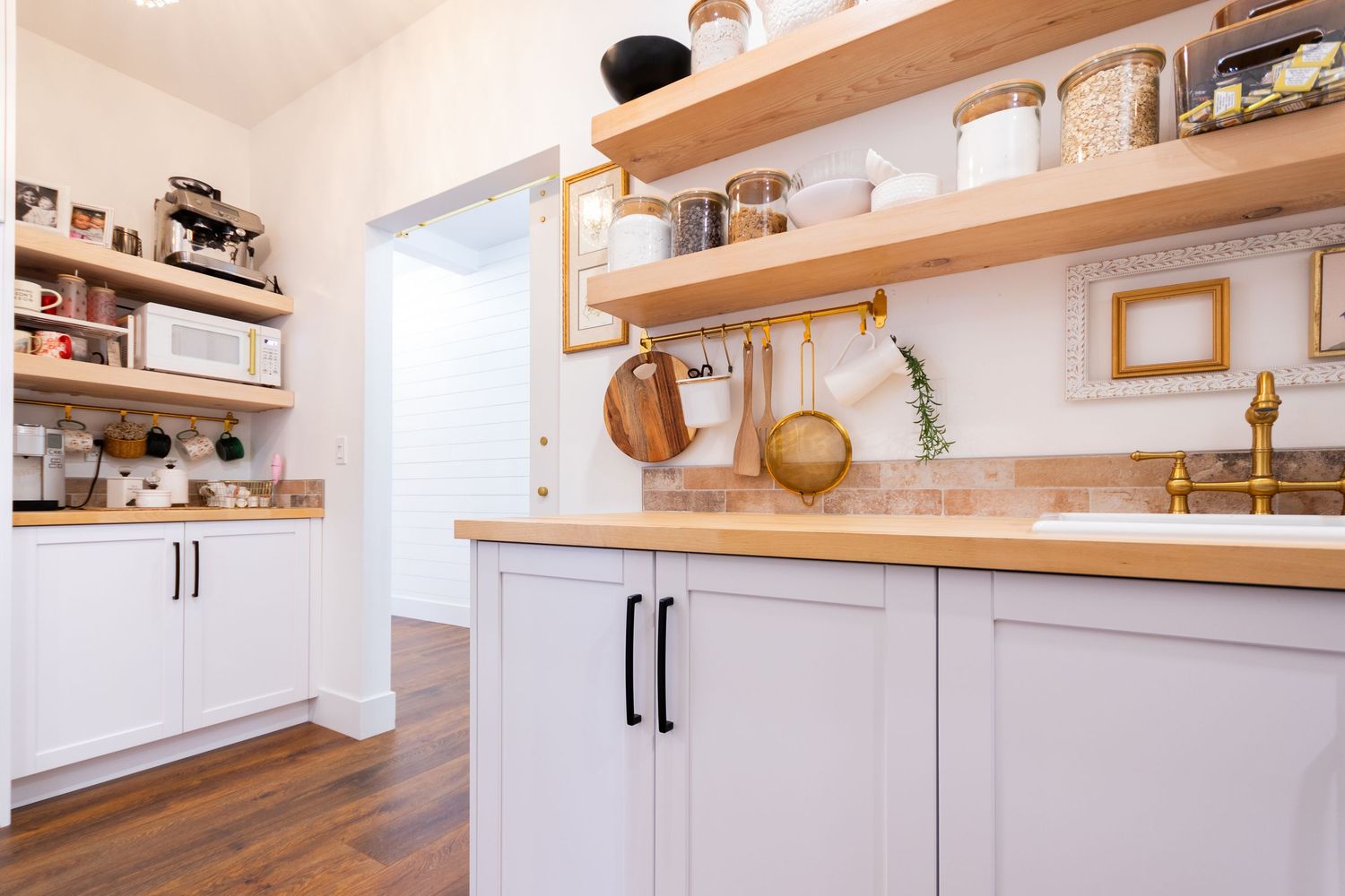 Farmhouse style pantry Central Alberta Real Estate Media David Spence Photography White and natural wood with copper accents