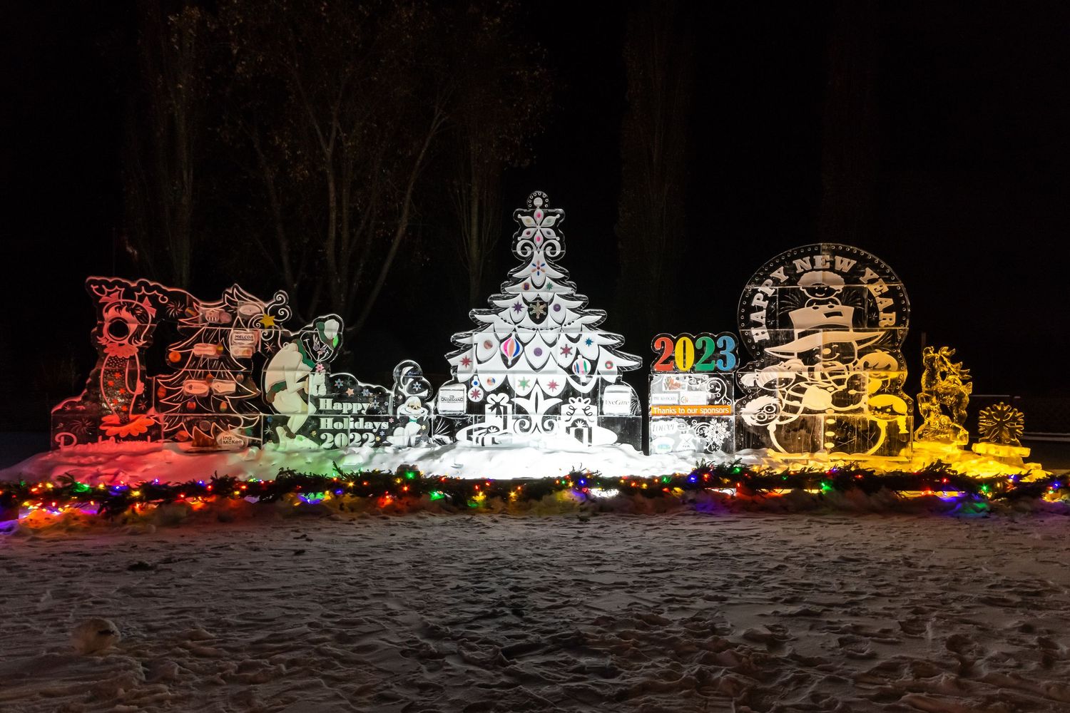 night time HDR image of colorful ice sculpture artwork commercial marketing Central Alberta Real Estate media David Spence Photography