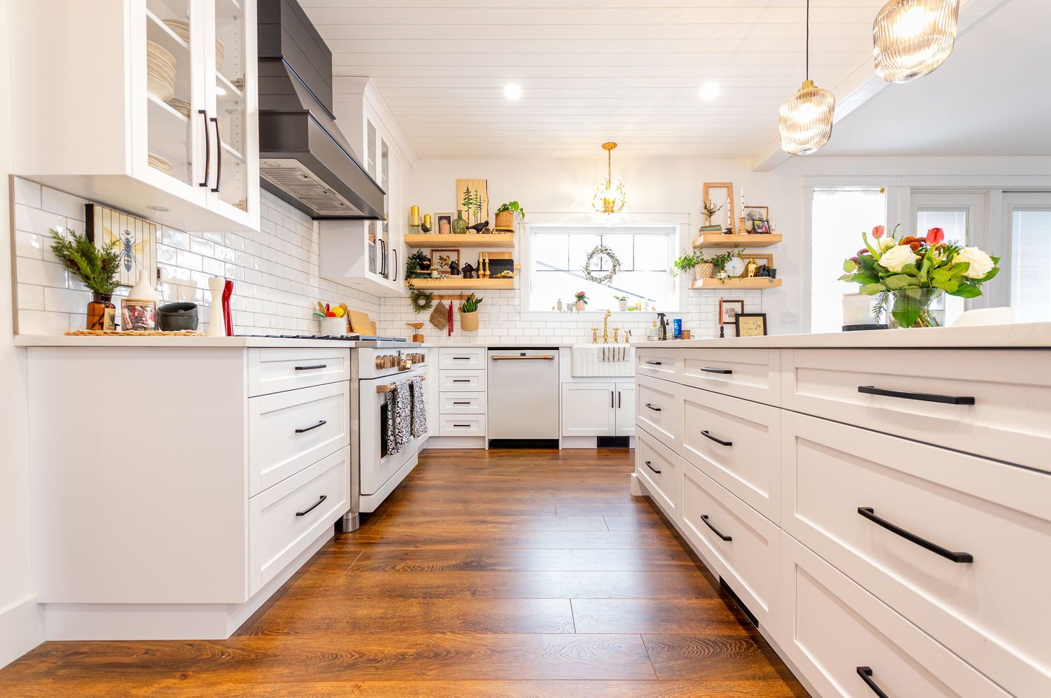 Central Alberta Real Estate media David Spence Photography galley kitchen white and gold hardwood flooring HDR high dynamic range