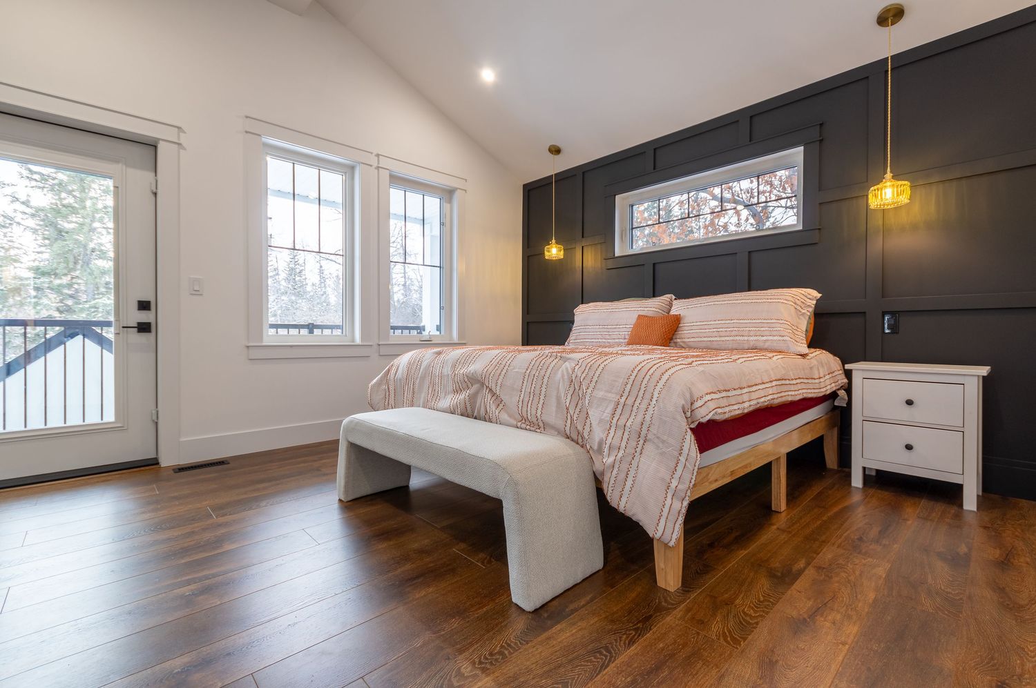 Farmhouse style bedroom Central Alberta Real Estate Media David Spence Photography White natural hardwood flooring dark grey accent wall