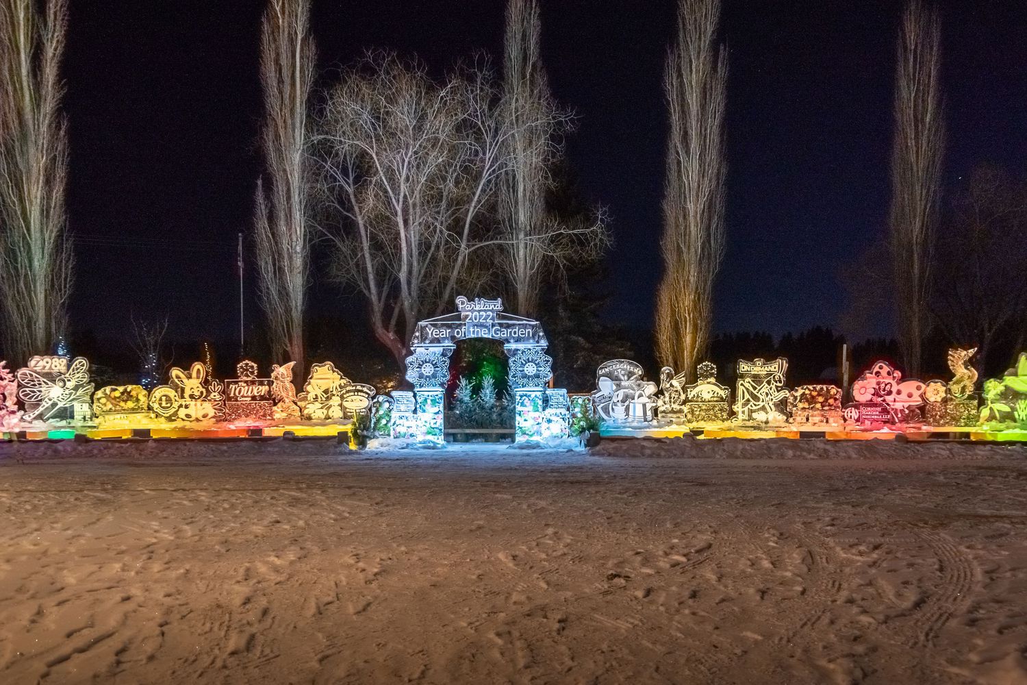 night time HDR image of colorful ice sculpture artwork commercial marketing Central Alberta Real Estate media David Spence Photography