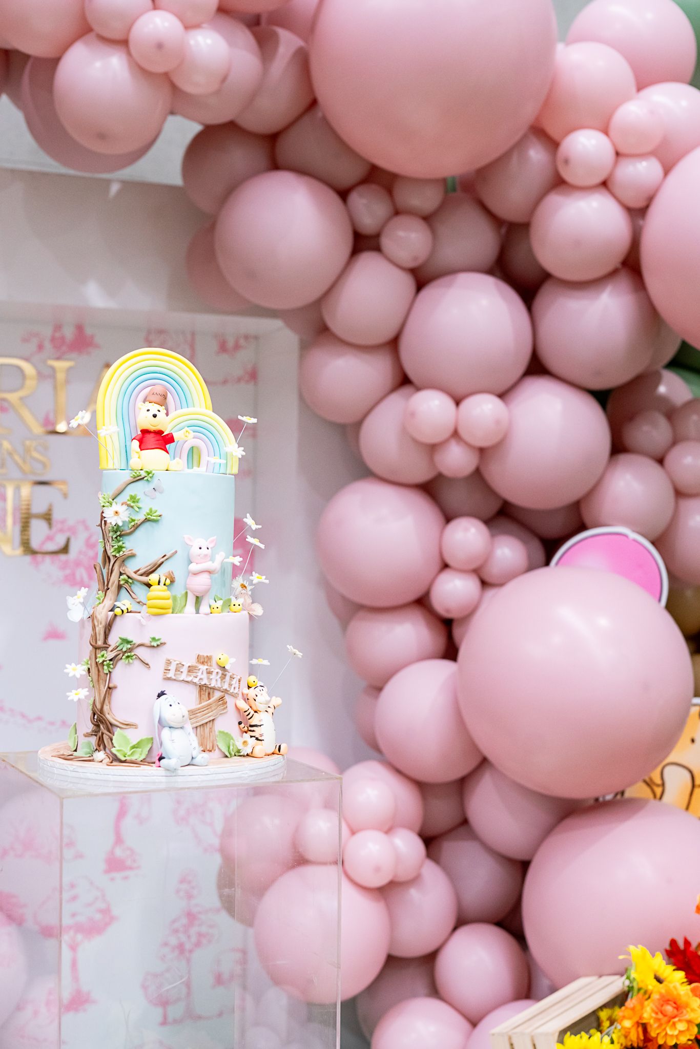 Baby pink balloon arch with a decorative cake display featuring pastel colors and floral elements.