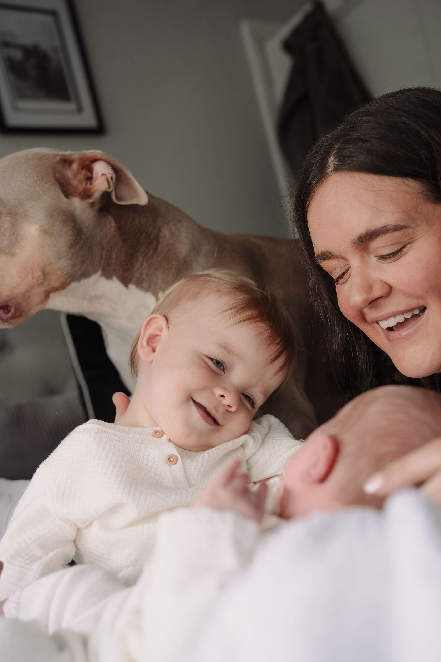 Smiling mother holds toddler and newborn baby while family dog looks on.