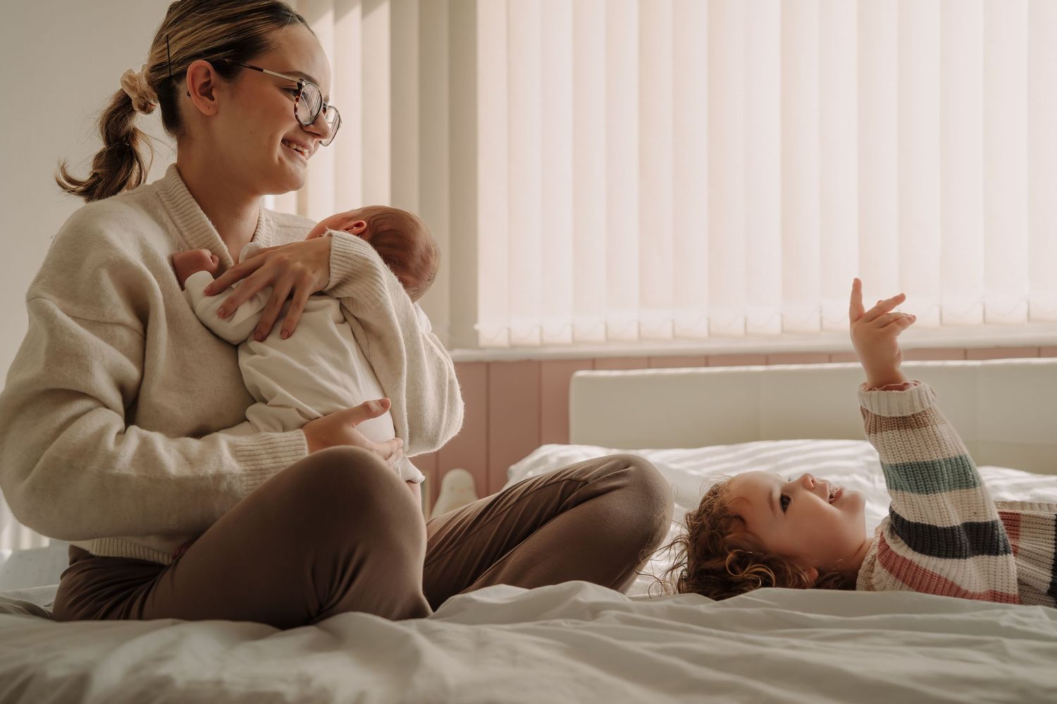 Series of warm-toned lifestyle photos capturing gentle moments in a sunlit room.
