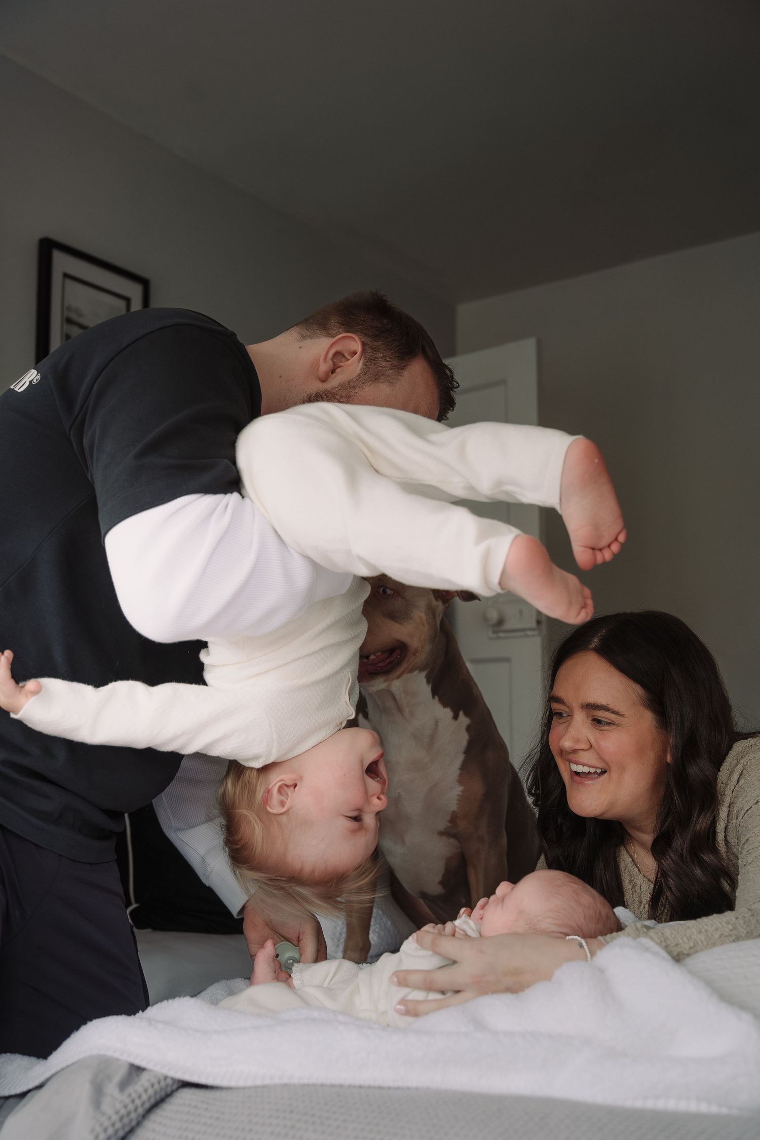 A joyful family with a dad playfully lifting a toddler upside down while mom laughs holding a newborn baby on a bed.