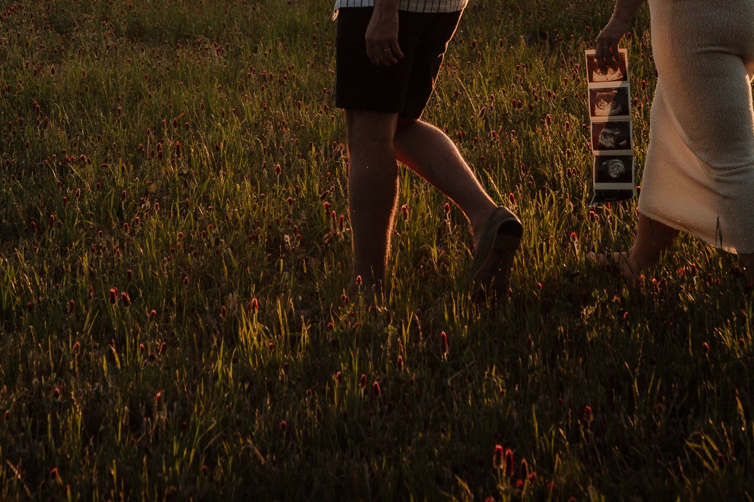 Couple walking barefoot in a sunlit field holding ultrasound photos, announcing pregnancy outdoors.