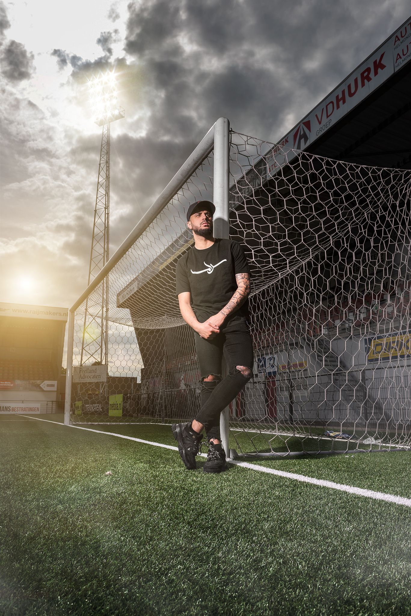 A series of photos showing someone adjusting and setting up a soccer goal net on a grass field at sunset.