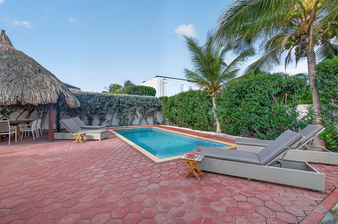 Tropical pool patio with brick pavers, lounge chairs, palm trees, and a thatched palapa in a private backyard.