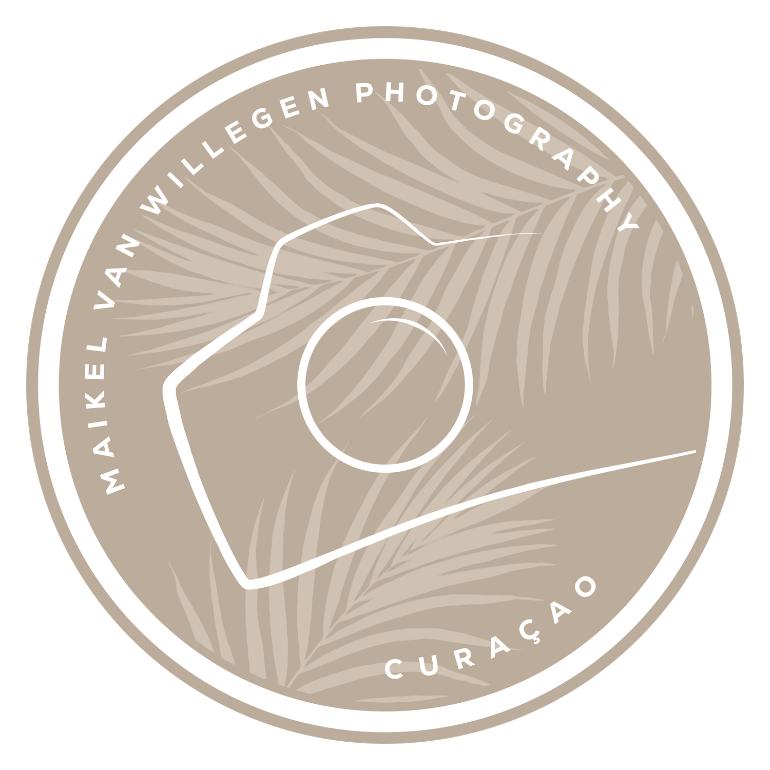 A circular beige logo design featuring a minimalist camera icon and palm leaf pattern with text for photography in Curacao.