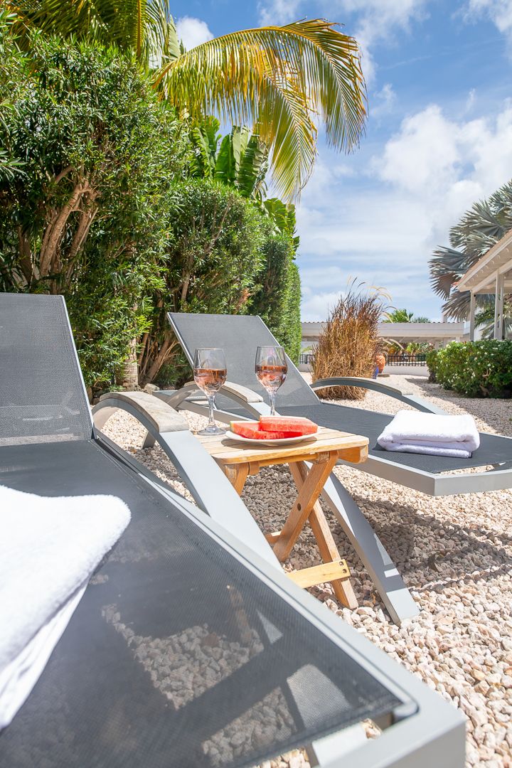 Luxury lounge chairs with rose wine and watermelon on a pebble patio surrounded by tropical greenery.