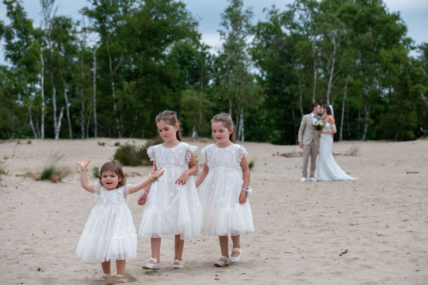 White-clad wedding party poses along sandy beach with birch trees in background.