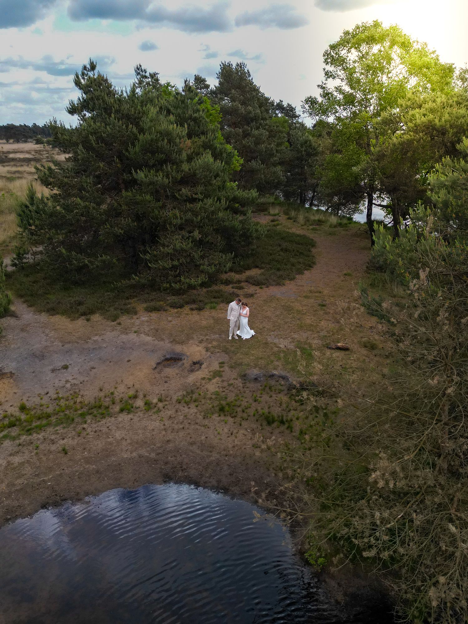 A series of scenic photos showing a small pond surrounded by trees and sandy terrain in natural lighting.