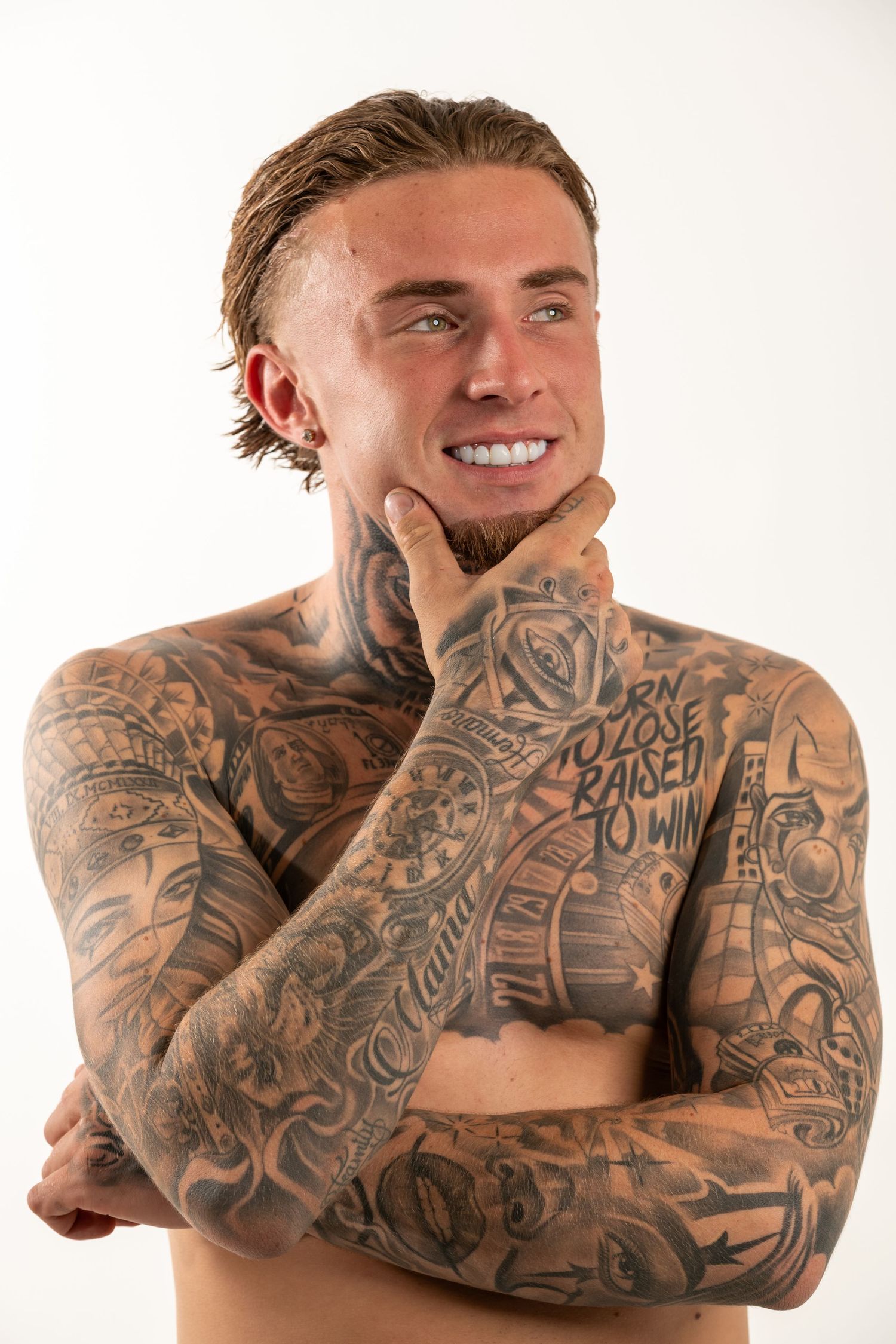 Tattooed person showing arm and chest tattoos in multiple poses against white background.